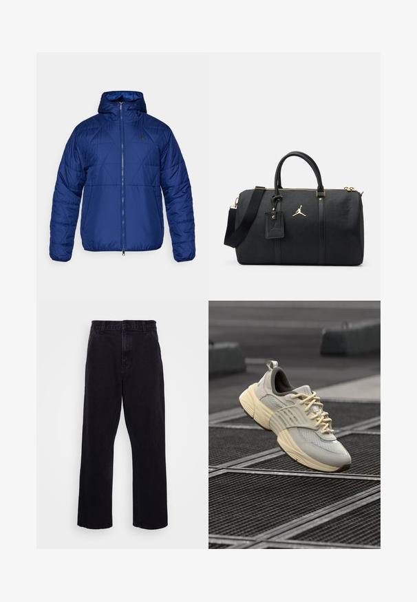 Modrá zateplená bunda s kapucňou, ktorá má prešívaný vzor, predný zips a decentné logo na hrudi. Hladký materiál a priliehavý strih.; Biele dlhé rukávy bavlnené tričko s modrým logom "Jumpman" a sivým blokovým dizajnom na prednej strane; žlté textové akcenty na rukáve.; Čierne džínsy s rovného strihu, ktoré majú zapínanie na gombík a zips, pútka na opasok a minimálne švy.; Béžové sieťované tenisky s svetlošedými akcentmi, textúrovanou podrážkou a plochými šnúrkami, s polstrovaným golierom a tvarovanou gumovou podrážkou.; Čierna športová taška s zlatými akcentmi, so štruktúrovaným povrchom, dvoma ušami a nastaviteľným ramenným popruhom. Pripojená nášivka s logom.