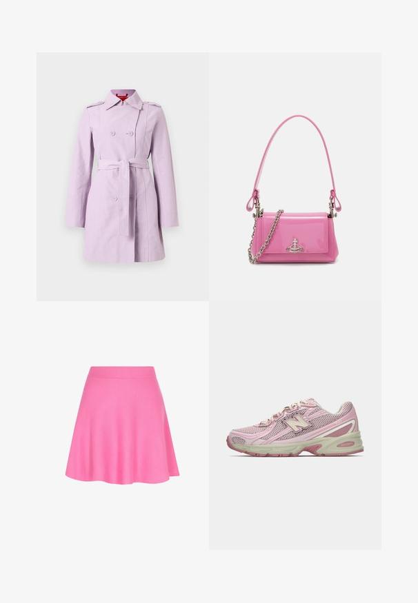 Lavendel trenchcoat lavet af letvægtsstof, med dobbeltradet design, bælte i taljen og skulderlapper.; Lysegrå sweater med høj hals, lange ærmer og en løs pasform. Fremstillet af struktureret strikstof med subtile farvevariationer.; Lyserød strikket nederdel med en tætsiddende talje og a-formet design, lavet af blødt stof, der tilføjer en glat tekstur.; Rosa og beige New Balance 740 sneakers med mesh og syntetisk overdel, snørrelukning og polstret sål vist i sideprofil.; Rosa patentlæder håndtaske med rektangulær form, aftagelig kædestaft og sølvhardwaredetalje på forsiden.