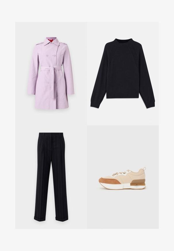 Vaaleanliila trench-takki, joka on valmistettu kevyestä kankaasta. Takissa on kaksirivinen nappitus, vyötäröllä vyö ja olkaviitat.; Tumma laivansinisestä neuleesta, jossa on pyöreä kaula-aukko, pitkät raglan-hihat, ribbireunat ja suora helma. Valmistettu pehmeästä, tekstuuripintaisesta neulemateriaalista.; Musta raidallinen housut, joissa on säädettävä istuvuus, varustettuna kääntölahkeilla ja etukäpälillä. Valmistettu sileästä kankaasta, jossa on jämäkkä muotoilu.; Tennarit, joissa on vaaleanbeige kangas päällinen, ruskeat mokka-yksityiskohdat, valkoinen välikerros ja kumipohja, jossa on brändäysyksityiskohta.