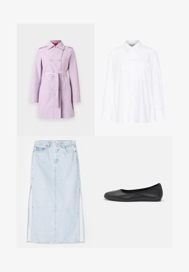 Cappotto trench lilla realizzato in tessuto leggero, con design doppiopetto, vita derivata da cintura e spalline.; Camicia bianca a maniche lunghe con colletto in cotone. Caratterizzata da una chiusura con bottoni e una tasca sul petto singola. Tessuto liscio, vestibilità comoda.; Gonna maxi in denim azzurro chiaro con taglio dritto, dotata di spacchi laterali e design a cinque tasche. Cuciture in evidenza e chiusura con bottone in metallo.; Pantofole da balletto nere in pelle con punta arrotondata, texture liscia, dettagli di cucitura minimi e design con suola flessibile.