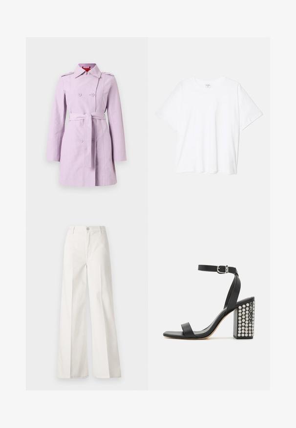 Lillā trenci, kas izgatavots no viegla auduma, ar dubultu pušu dizainu, jostu viduklī un plecu epauletēm.; Balta kokvilnas T-krekls ar īsām piedurknēm, apaļu dekoltē, brīva piegriezuma un šūtu apakšmalu. Etiķete redzama iekšējā kakla daļā.; Baltas platfita bikses, izgatavotas no kokvilnas ar gludu tekstūru. Aprīkotas ar priekšējo pogu, rāvējslēdzēju un četru kabatu dizainu.; Melnas ādas augstpapēžu sandales ar potītes siksniņu. Ievērojama kvadrāta formas purngala, gluda tekstūra un kvadrātveida bloka papēdis, kas rotāts ar sudraba kniedēm.