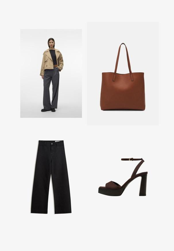 Bežani skrajšan trench plašč z velikim ovratnikom, dvoredno zapenjanje, v kombinaciji s temnosivimi plisiranimi širokimi hlačami in črnimi čevlji.; Črn dolgi pulover iz pletenine z oblazinjenimi rameni ter rebrastimi manšetami in robom, prikazan na beli podlagi.; Črne široke denim hlače z visokim pasom, ki imajo sprednje in zadnje žepe, šivane šive ter gumbasto zapiranje. Gladka tekstura.; Rjave semiš sandale z visoko peto, odprto spredaj, z nastavljivim gležnjenjem in črtastim podplatom.; Rjava usnjena torba z gladko teksturo, odprto zasnovo zgoraj in dvema naramnima trakovoma. Opremljena je z minimalnim šivanjem in brez vidnih kovinskih delov.