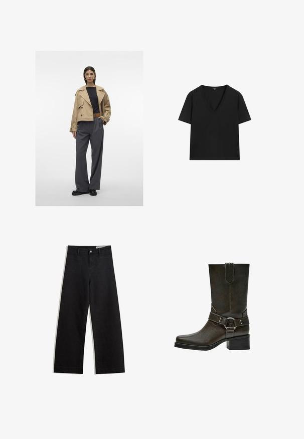 Beżowy krótki płaszcz trench z dużym kołnierzem, podwójnym zapięciem, w połączeniu z szarymi, plisowanymi spodniami o szerokich nogawkach i czarnymi butami.; Czarny T-shirt z krótkim rękawem i dekoltem w serek o prostym, dopasowanym kroju na białym tle.; Czarne dżinsowe spodnie o szerokich nogawkach i wysokim stanie, z przednimi i tylnymi kieszeniami, przeszyciami oraz zapięciem na guziki. Gładka struktura.; Brązowy skórzany botek za kostkę z kwadratowym czubkiem, niskim blokowym obcasem i dekoracyjnym paskiem z klamrą w kolorze srebrnym. Gładka tekstura, prosty design.