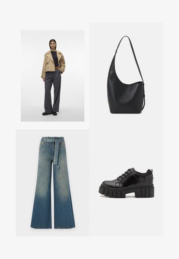 Bežani skraćeni trenč kaput s velikim ovratnikom, dvorednim dizajnom, u kombinaciji s hlačama širokih nogavica u slate sivoj boji s plisiranim detaljima i crnim cipelama.; Crna pamučna majica s kratkim rukavima, s malim grafičkim prikazom ružičaste vjetricaste s desne strane na prsima. Dizajn s okruglim izrezom i opuštenim krojem.; Široke traperice s gradijentom od svijetloplave do tamnoplave, visokog struka, petljama za remen i remenom od istog materijala. Teksturirana traper tkanina.; Crne kožne platforme s debelim blok-peta, okruglim prstima i klasičnim dizajnom vezanja. Imaju gladak tekstur i minimalne detalje.; Crna kožna hobo torba s glatkom teksturom, zakrivljenim oblikom i jednom podesivom trakicom; ima širok otvor na vrhu.