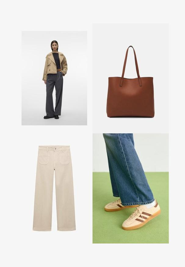 Beige gecropte trenchcoat met grote kraag, dubbelzijdig ontwerp, gecombineerd met slate grijze geplooide wijde broek en zwarte schoenen.; Lichtbeige t-shirt met korte mouwen en een ronde halslijn, gemaakt van zachte, gladde stof. Heeft een ontspannen pasvorm en een rechte zoom.; Beige wijde broek van katoen. Voorzien van een rits, een knoop aan de voorkant en twee opgestikte zakken op de achterkant. Schoon afgewerkt zonder versieringen.; Beige sneakers met gestructureerde crèmekleurige panelen en bruine strepen, gecombineerd met blauwe denim jeans. De jeans hebben een brede pijp en een rafelige zoom.; Bruine leren tote bag met een gladde textuur, een ontwerp met een open bovenkant en twee schouderbanden. Kenmerkt zich door minimale stiksels en geen zichtbare hardware.