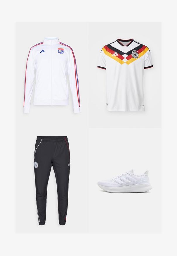 Weiße Sportjacke mit Reißverschluss, mit roten und blauen Streifen an den Ärmeln und einem Olympique Lyonnais Logo auf der Brust. Hergestellt aus synthetischem Material.; Weißes Fußballtrikot mit V-Ausschnitt, das schwarze, rote und gelbe diagonale Streifen, ein Teamlogo und ein Texturmuster aufweist.; Schwarze Sporthose mit schmalem Schnitt. Mit weißen und roten Seitenstreifen, einem elastischen Bund und einem gestickten Logo auf dem Oberschenkel.; Weiße Sportschuhe mit einem strukturierten Mesh-Obermaterial, einer stützenden gepolsterten Sohle und einem drei Streifen-Design an der Seite.