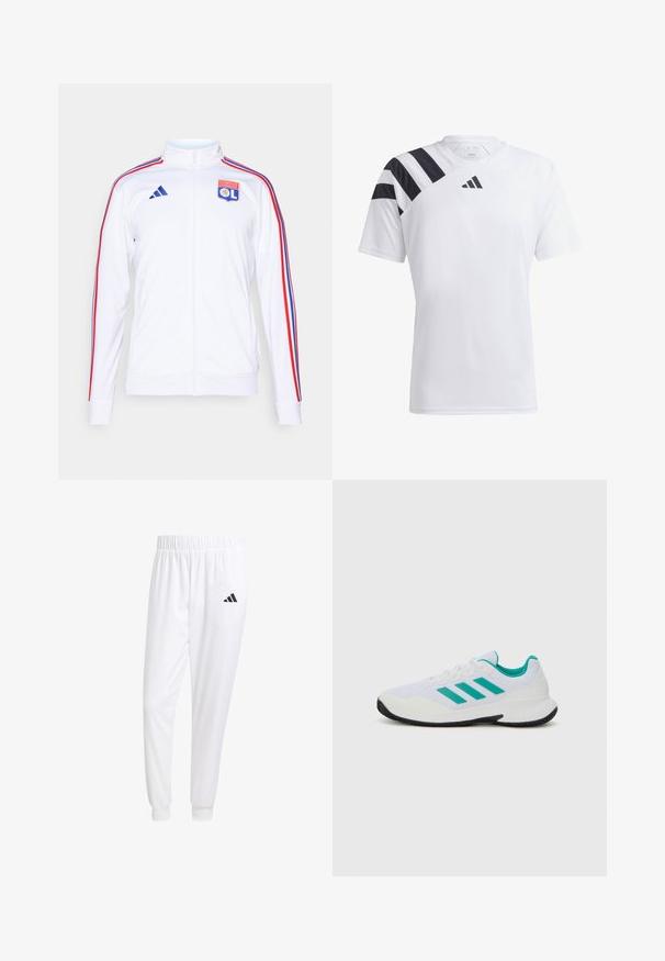 Witte sportjacket met rits, voorzien van rode en blauwe strepen op de mouwen, en een logo van Olympique Lyonnais op de borst. Gemaakt van synthetisch materiaal.; Witte lichtgewicht sportshirt met zwarte strepen op de linker schouder en zwart logo op de borst. Korte mouwen, ronde halsontwerp.; Witte sportbroek van gladde stof, met een elastische tailleband en smalle taillebanden, voorzien van een zwart logo op de achterzak.; Witte sport schoen met turquoise accenten, bovenwerk van mesh, drie parallelle strepen aan de zijkant, gestructureerde hak en een zwarte rubberen zool.