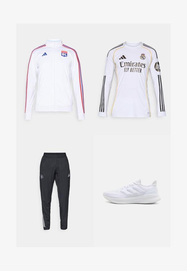 White athletic jacket with zip, featuring red and blue stripes on sleeves, and an Olympic Lyonnais logo on the chest. Made from synthetic material.; White long-sleeve jersey with black and yellow accents, featuring "Emirates Fly Better" logo and Real Madrid crest, made from lightweight synthetic material.; Black athletic pants featuring an elastic waistband, embroidered logo on the thigh, and white stripes running down the sides.; White athletic shoes featuring a textured mesh upper, supportive cushioned sole, and three stripe design on the side.