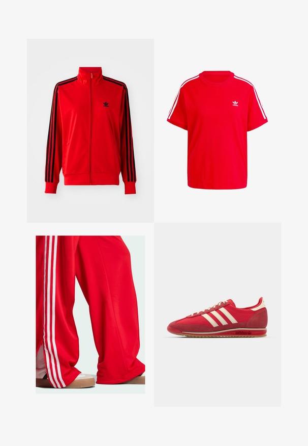 Red zip-up jacket made of smooth fabric, featuring black side stripes, high collar, and a small black logo on the chest.; Red cotton t-shirt with a round neckline, short sleeves, white three-stripe accents on shoulders, and a small white logo on the chest.; Red track pants with white stripes along the sides, featuring a loose fit and zipper detail at the hem. Worn with light-colored athletic shoes.; Red athletic sneaker with a textured upper, three white stripes, round toe, and a rubber sole with logo detailing on the side.