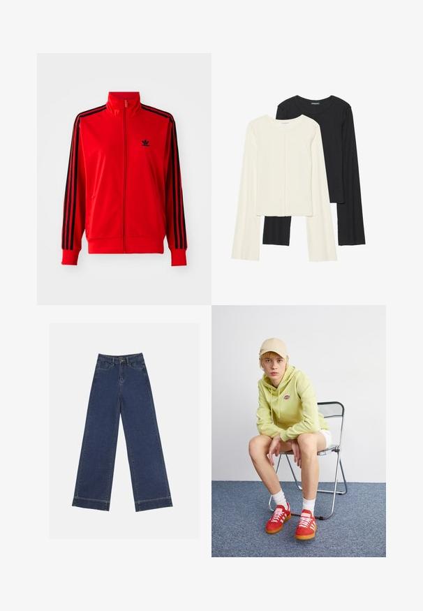 Punane tõmbluku pusa, mis on valmistatud siledast kangast, mustade külgribadega, kõrgema kraega ja väikese musta logoga rinnal.; Kaksik Eri pikkusega valge ja musta värvi pikkade varrukatega topsi. Ribikstruktuur, ümar kaelus, lihav disain, veidi laienevate varrukatega.; Laiad püksid tumedast sinisest denimist. Omab viit taskut, vöölõke ja toore äärega allosas, kus on nähtavad õmblused.; Hele roheline kapuutsiga särgiga, valged lühikesed püksid, punased tossud valgete triipudega, istub kroomitud kokkuklapitaval toolil neutraalse tausta ees.