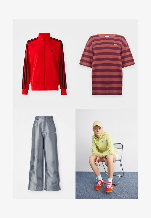 Sarkans zip-up džemperis, izgatavots no gludas auduma, ar melnām sānu svītrām, augstu apkakli un mazu melnu logotipu uz krūšu daļas.; Bordo un rusta svītrains t-krekls ar īsām piedurknēm, apaļu kakla izgriezumu, ar mazu zelta logo kreisajā krūtinē, izgatavots no kokvilnas auduma.; Platas kājas bikses no spīdīga pelēka materiāla, ar baltām sānu svītrām un liesmu rakstu apakšējā kāju daļā. Pogas un rāvējslēdzēja aizdare jostasvietā.; Gaiši zaļa kapuce ar logo, baltas šortus, sarkani sporta apavi ar baltām svītrām, sēž chrome saliekamajā krēslā pret neitrālu fonu.