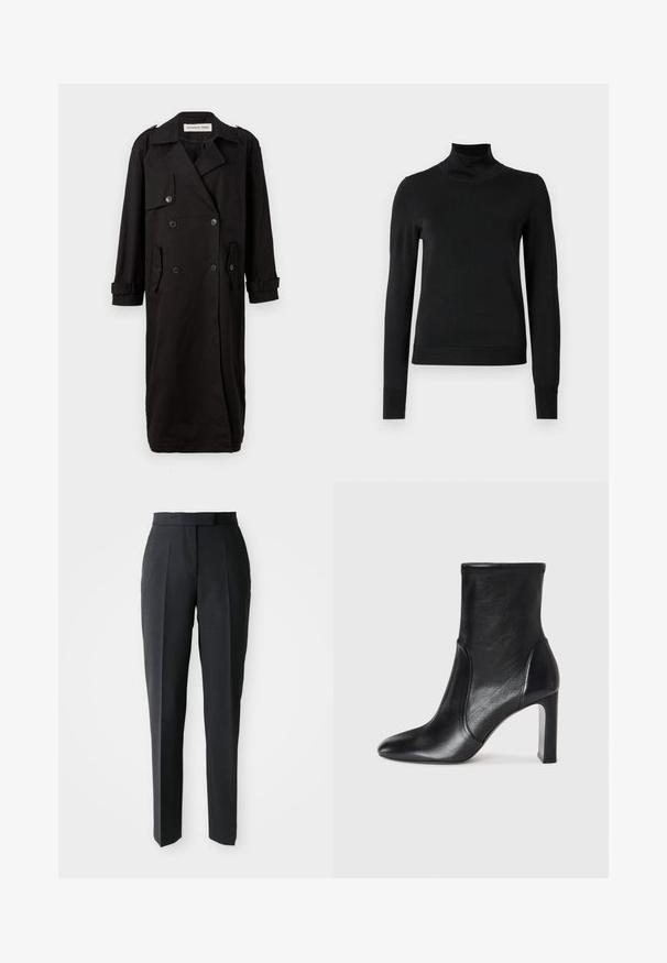 Zwarte trenchcoat van gladde stof, met een dubbele knoopsluiting aan de voorkant, schouderepauletten en zijzakken met opgerolde manchetten.; Zwarte trui met lange mouwen en col, voorzien van geribde manchetten en zoom, weergegeven op een effen witte achtergrond.; Zwarte op maat gemaakte rechte broek met hoge taille en voorplooien, weergegeven op een effen lichte achtergrond.; Zwarte leren enkelboot met een slank ontwerp, spitse neus en hoge blokhak. Heeft een gladde textuur en minimalistische stikseldetails.