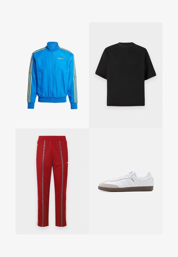 Modrá zipová bunda s žlutým trojpruhovým designem na ramenou a rukávech, vyrobená z hladké tkaniny, s ribbovaným límcem a manžetami.; Černé tričko s krátkým rukávem v volném střihu, vyrobené z hladké bavlny, s kulatým výstřihem a minimalistickým designem.; Červené sportovní kalhoty s elastickým pasem, které mají stříbrné očičkování podél boků a kapsy na zip. Elastický materiál.; Bílé kožené tenisky s šedou semišovou špičkou, třemi vodorovnými bílými pruhy, modrým akcentem a hnědou gumovou podrážkou. Texturovaný detail na podrážce.