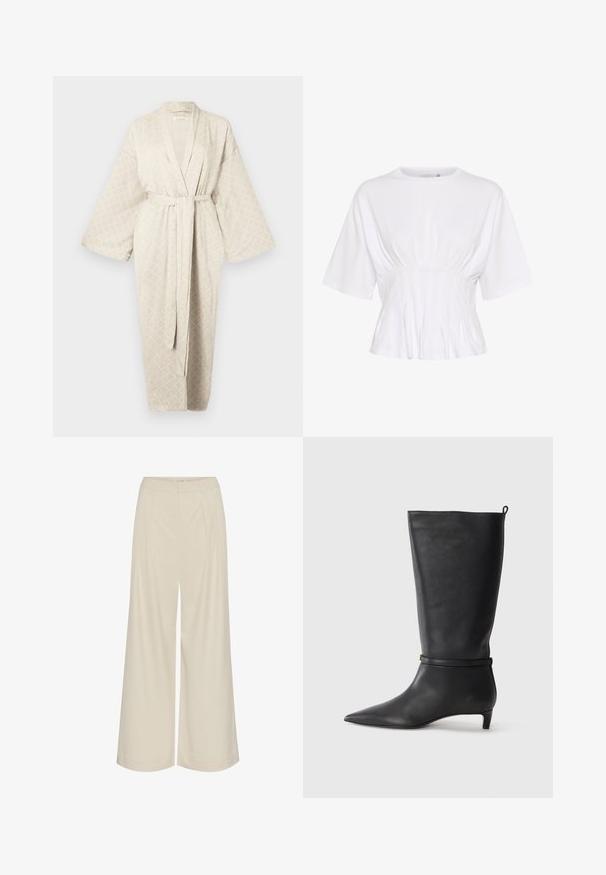 Beige robe with a diamond pattern, made of soft fabric. It features a belt, wide sleeves, and a long length for a relaxed fit.; White short-sleeve top made of soft fabric, featuring a round neckline and gathered detailing at the waist for a fitted look.; Wide-leg trousers in a light beige fabric, featuring pleats, a high waist, and a smooth texture with no visible embellishments.; Black leather knee-high boot with a pointed toe, accented by a circular strap around the ankle and a low, tapered heel. Smooth texture.