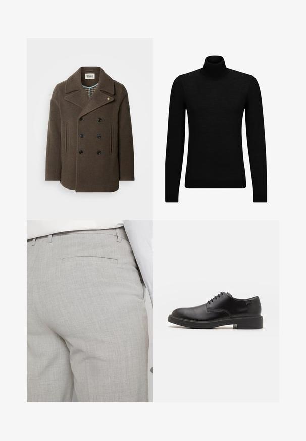 Rudas vilnonis peacoatas su dvigubu užsegimu, juodais mygtukais, šoninėmis kišenėmis ir languota vidine danga. Yra platus išpjautas apykaklė.; Juodas aukšto kaklo megztinis, pagamintas iš minkštos medžiagos, su ilgomis rankovėmis ir prigludusia forma. Su raukiniais apačioje ir rankogaliuose. Paprastas dizainas.; Šviesiai pilkos spalvos pritaikytos kelnės iš faktūrinės medžiagos, turinčios vieną užpakalinę kišenę ir tvarkingus siūlus.; Juodas odinis batų modelis su raišteliais, apvaliu nosiu, lygiu paviršiumi, minimaliai siuvinėjimu ir žemu guminėmis pakulne. Ant pakulnės šalia logo.