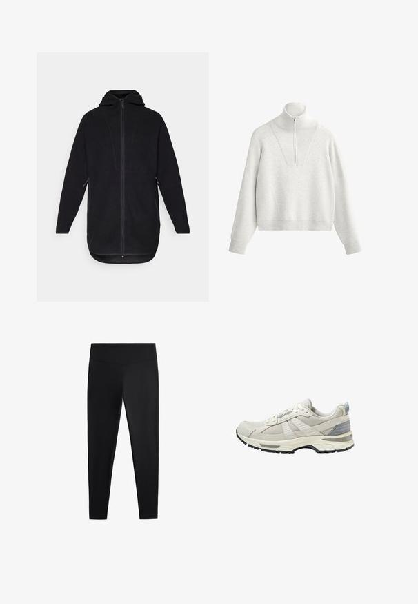 Zwarte fleecejack met een rits aan de voorkant, capuchon en zijzakken. Heeft een gestructureerd oppervlak en een gebogen zoom voor een ontspannen pasvorm.; Lichtgrijze sweatshirts met een hoge kraag, voorzien van een halve rits en ribbeltextuur. Vierkante snit met doorlopende schouders en een gestructureerd ontwerp.; Zwarte leggings van gladde, rekbare stof. Voorzien van een brede tailleband en een taps toelopend pootdesign, geschikt voor actieve of casual kleding.; Beige sportschoen met een bovenwerk van gestructureerd mesh en gladde accenten. Voorzien van een gewatteerde zool, versterkte neus en een zwarte rubberen buitenzool.