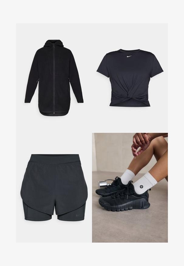 Giacca in pile nera con zip frontale, cappuccio e tasche laterali. Presenta una superficie testurizzata e un orlo curvo per una vestibilità comoda.; Maglietta atletica nera realizzata in tessuto liscio, con un design anteriore annodato e un piccolo logo Nike bianco sul petto.; Shorts sportivi neri con un design a strati, caratterizzati da uno strato esterno morbido e da pantaloni interni aderenti. Realizzati in tessuto leggero e elasticizzato.; Scarpe da ginnastica nere con tessuto texturizzato, design con lacci e suola prominente, abbinate a calze bianche a coste con un piccolo logo.