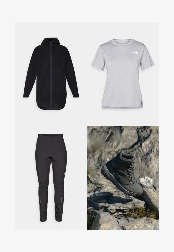 Svart fleecejakke med glidelås foran, hette og sidelommer. Har en teksturert overflate og en buet kant for en avslappet passform.; Grå kortermet t-skjorte laget av myk, fukttransporterende stoff. Har en rund hals og en liten hvit logo på øvre venstre side.; Svarte utendørsbukser med en tettsittende design, slitesterkt stoff, reflekterende detaljer og panelsting for bedre bevegelse og komfort.; Mørkegrå tursesko laget av syntetisk materiale, med polstret krage, metalløyer og teksturert gummisåle for grep.