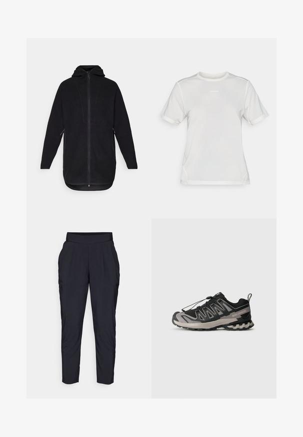 Schwarze Fleecejacke mit Reißverschluss vorne, Kapuze und Seitentaschen. Verfügt über eine strukturierte Oberfläche und einen abgerundeten Saum für eine lockere Passform.; Weißes kurzärmliges Sport-Mesh-Shirt mit Rundhalsausschnitt und kleinem "Salomon"-Logo auf der Brust.; Schwarze, tapered Hosen mit breitem, elastischem Bund, Vorderfalten und Seitentaschen. Hergestellt aus einem glatten, leichten Stoff.; Schwarzer und grauer Sportschuh mit einem Obermaterial aus Mesh, Gummisohle und elastischem Schnürsystem. Verfügt über eine verstärkte Zehenkappe und strukturierte Akzente.
