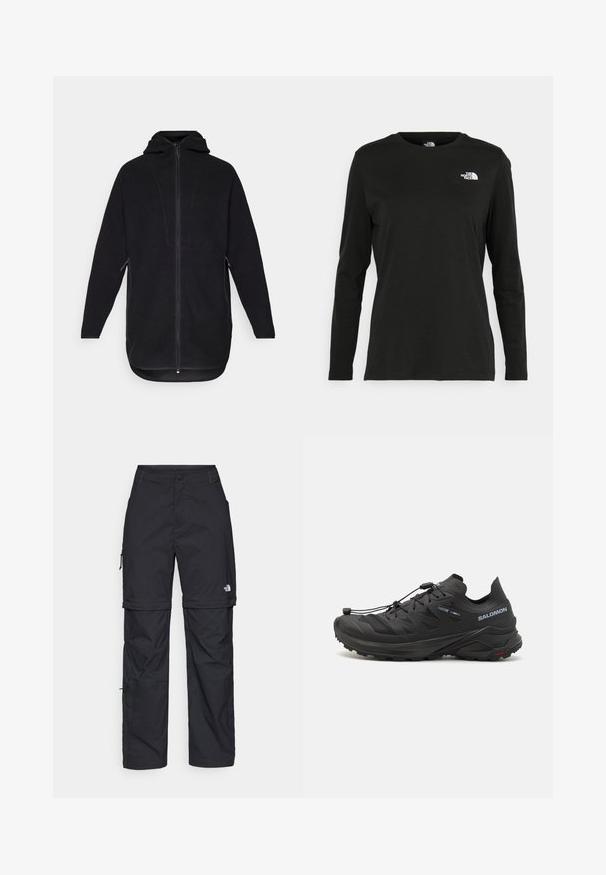 Svart fleecejacka med dragkedja fram, huva och sidofickor. Har en texturerad yta och en rundad nederkant för en avslappnad passform.; Svart långärmad t-shirt i bomull med rund hals. Har en liten vit logotyp på vänster bröstområde. Enkelt design och passform.; Svarta nylonbyxor med avtagbara ben, justerbara muddar, flera fickor och en logotyp på högra benet. Slät, lätt textur.; Svarta traillöparskor med en texturerad ovandel, meshpaneler och ett säkert fästsystem. Har en robust sula för bra grepp.