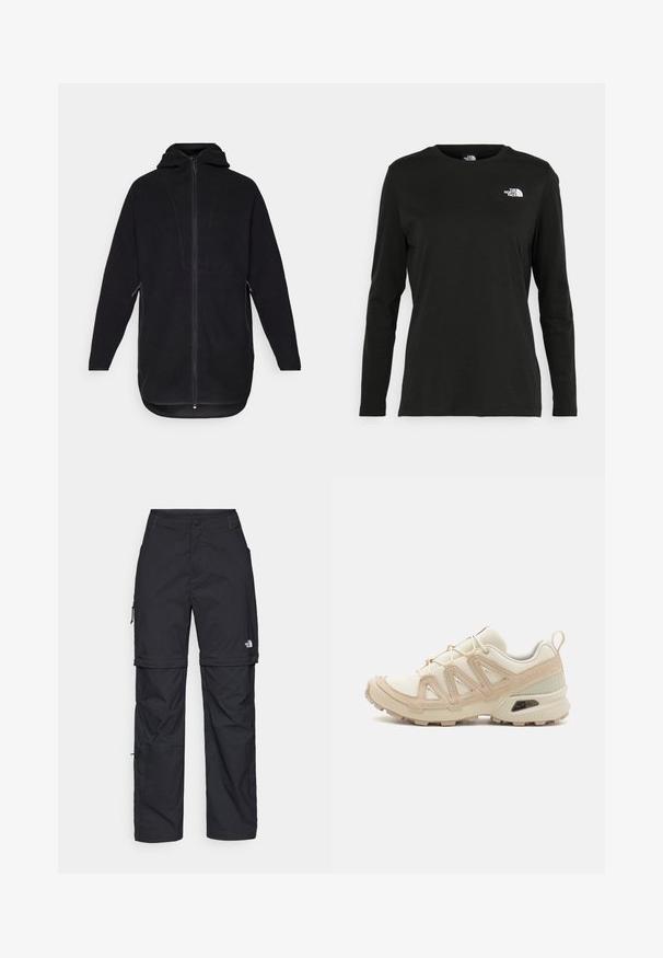 Musteljakist musta, lukuga ees, kapuutsiga ja küljetaskutega. Omab tekstuurset pinda ja kaardus hemmi, mis tagab mugava istuvuse.; Must mustahiheline T-särk, millel on pikad varrukad, valmistatud puuvillast ja ümarast kaelusest. Vasakul rinnal on väike valge logo. Lihtne disain ja sobivus.; Mustad nailonist valmistatud eemaldatavad cargo-püksid, reguleeritavate pahkluudega, mitmete taskutega ja paremal jalal logoga. Sile, kerge tekstuur.; Beež ja koobalti spordijalats tekstureeritud võrkkattega, toetavad ülemised kihid ja kummist tallaga, millel on mustriga joonistus haardeks.