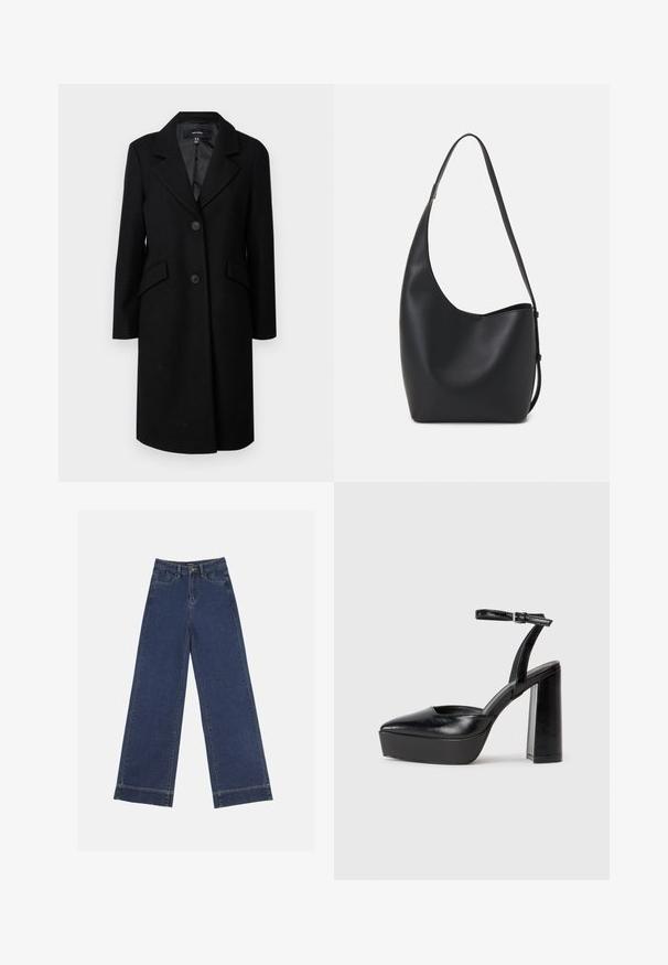 Juodas vilnonis paltas su iškirptu apykakle, dviem priekinėmis kišenėmis ir mygtukų uždarymu. Turi sklandų vidinį pamušalą ir pritaikytą siluetą.; Sidabrinė ilgarankovė palaidinė su apvaliu iškirpimu ir išpjova apačioje. Pagaminta iš tekstūruoto audinio, pasižyminti prigludusia siluetu ir išsiplėtusiomis rankovėmis.; Plati džinsai tamsiai mėlynos denimo. Yra penki kišenės, diržo kilpos ir apatinė briauna su matomais siuvimo detalėmis.; Juodi platforminiai aukšti kulniukai su smailiu kojų pirštu ir reguliuojamu kulkšnies dirželiu. Pagaminti iš lygaus odos, turi masyvų blokinį kulną.; Juodas odinis hobo maišas su lygiu paviršiumi, kreipta forma ir viena reguliuojama rankena; turi platų atidarymą viršuje.