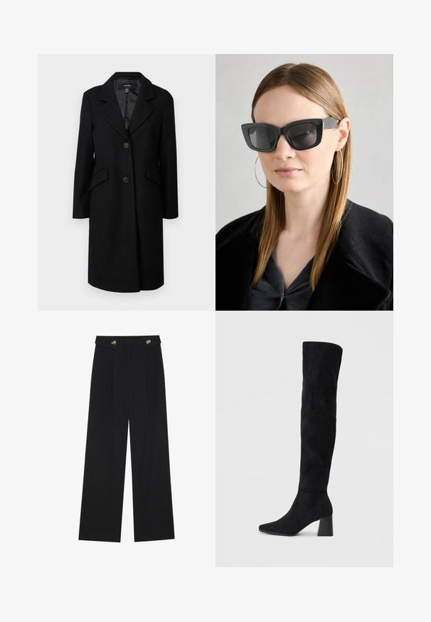 Juodas vilnonis paltas su iškirptu apykakle, dviem priekinėmis kišenėmis ir mygtukų uždarymu. Turi sklandų vidinį pamušalą ir pritaikytą siluetą.; Juoda ilgomis rankovėmis palaidinė su išsiplėtusiais rankogaliais, minkšta tekstūra ir laisva forma, su paprastu apvaliu kaklu.; Juodi plačios kojos kelnės su aukštu liemeniu, sagų detalėmis ant liemens ir priekinėmis raukšlėmis.; Juoda zomšinė kelio ilgio batai su blokuotu kulnu, smailiu nosiu ir lygiu, be siūlių dizainu ant paprastos šviesios fono.; Juodos katės akies saulės akiniai su tamsiais objektyvais, storo rėmo ir subtiliais akcentais. Dėvimi su juodu paltu ir pilku viršumi, turinčiu ilgus tiesius plaukus.