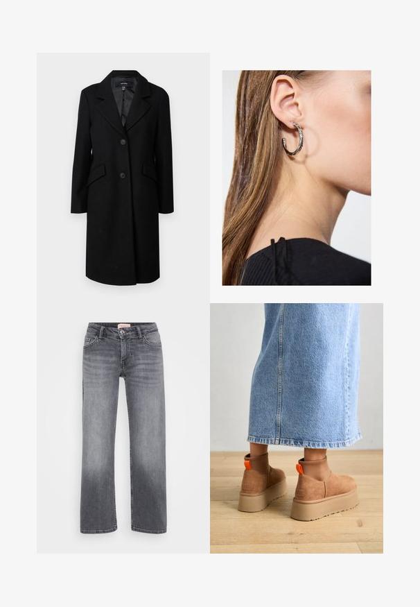 Manteau en laine noire avec un col cranté, deux poches avant et fermeture par boutons. Il possède une doublure intérieure lisse et une silhouette ajustée.; Even&Odd Petite 2 PACK - Débardeur - light grey/black; Jean en denim gris avec un design à jambe droite, style cinq poches, décoloration subtile et fermeture à bouton à la taille.; Bottes en suède brun à plateforme avec des panneaux latéraux élastiques et des languettes orange, associées à une jupe en denim clair arrivant au genou sur un sol en bois.; Boucle d'oreille en argent avec une finition polie, présentant de petits détails en or et de forme ronde, portée sur le lobe.