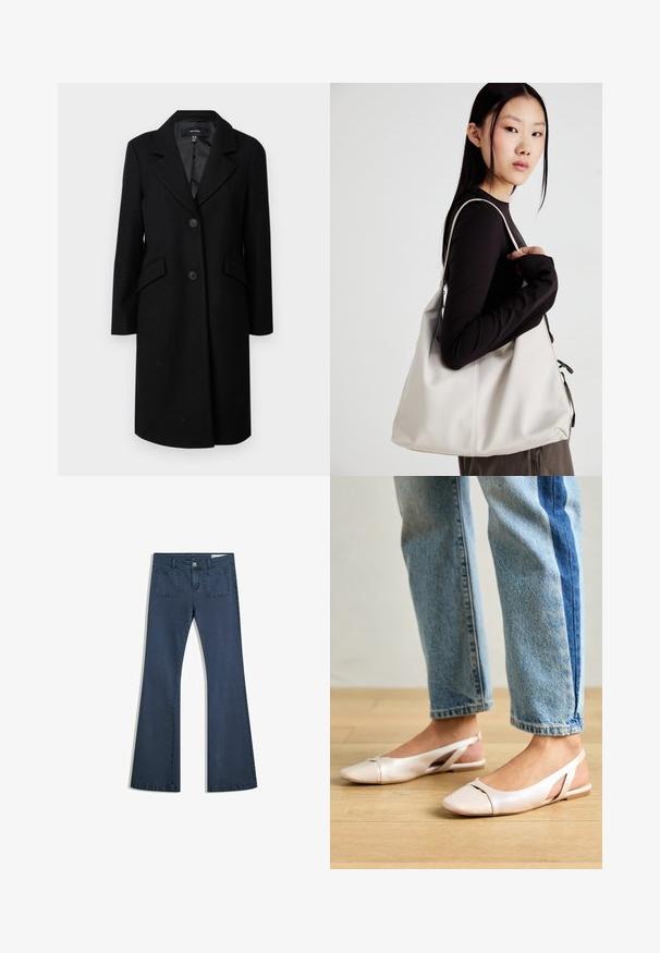 Fekete gyapjú kabát, melynek hajtott gallérja, két elülső zsebe és gombos záródása van. Simára bélelt belső része és testre szabott sziluettje jellemzi.; Világosszürke, hosszú ujjú póló, puha pamutból készült. Szabad, laza szabású, kerek nyakkivágással és finoman ráncolt mandzsettával rendelkezik. Nincs rajta minta vagy grafikák.; Sötétkék, bőszárú farmernadrág, varrott zsebekkel, gombos záródással és sima felülettel. Klasszikus ötpocket dizájnnal rendelkezik.; Világos rózsaszín slingback laposlábú cipők, hegyes orral, sima bőrhatású anyagból készült. Oldalt kivágott részletek találhatók rajta, valamint lapos sarkú.; Puha anyagból készült bézs kézitáska, laza dizájnnal, varrott részletekkel és két vállpánttal. Mindennapi használatra alkalmas.