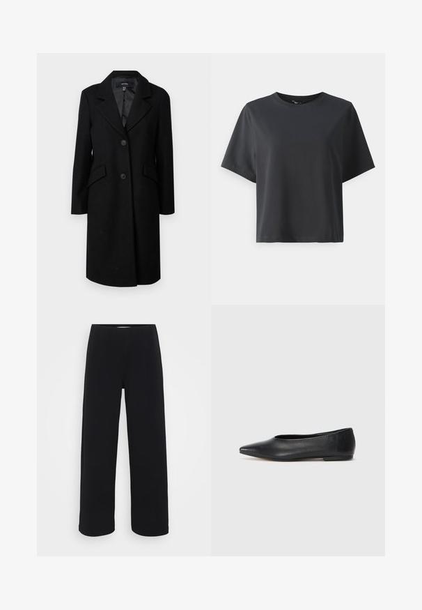Must kardigan, millel on sirge krae, kaks esist taskut ja nupulukustus. Omab siledat voodrit ja kohandatud siluetti.; Must musträtik, lühikesed varrukad, ümar kaelus, vabalt lõigatud, sile tekstuur, lihtne disain, ilma mustrite või aksessuaarideta.; Mustad laiad püksid elastse vöökohtaga. Valmistatud tekstuurilisest materjalist, millel on lõtv istuvus ja sirge lõige puusadest heleni.; Musthave mustris balletkingad, terav nina, minimaliseeritud disain, sile pind, madal konts, ilma nähtava riistvara või kaunistusteta.
