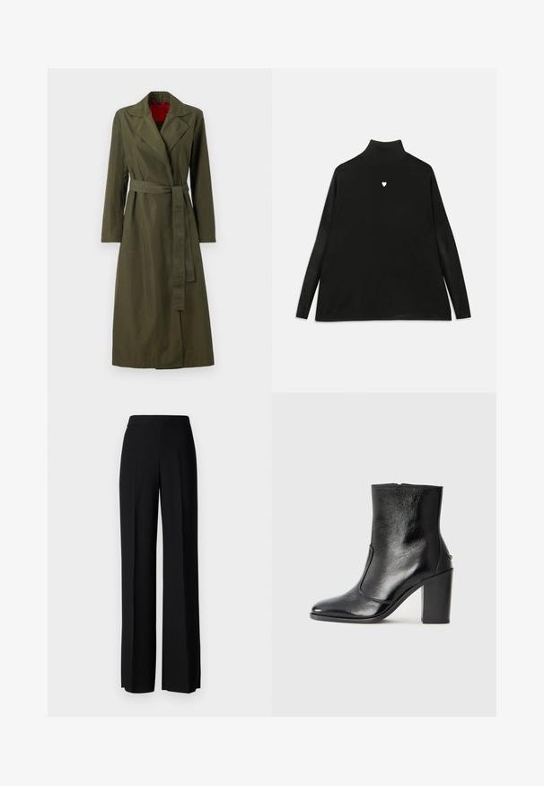 Õlivärvi pikk trenššjakk, millel on krae, vöökoht ja pikad varrukad. Sees on punane vooder. Sile, kerge kangas.; Mustalane särk pikki varrukatega, millel on rinna peal väike valge südame sümbol. Pehme kangas ja mugav lõige.; Mustad laiad püksid mustas värvitoonis, sujuva tekstuuri ja kõrge vöökoha ning keskmiste voldikutega. Ilma nähtavate mustrite või tarvikute detailideta.; Must kõvale nahast pahklipsu saapad, millel on sile tekstuur, terav varvas ja paks kõrge kann. Omab külgavatust ja minimalistlikku disaini.