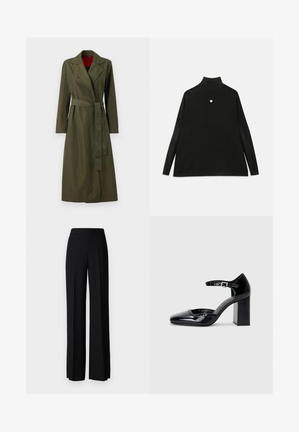 Olajzöld, hosszú trench kabát, gallérral, derékpánttal és hosszú ujjakkal. Belseje piros béléssel rendelkezik. Simább, könnyű szövetből készült.; Fekete garbó, hosszú ujjakkal, kis fehér szív emblémával a mellkason. Puha anyagú és laza szabású.; Fekete, széles szárú nadrág sima tapintással, magas derékkal és középen pliszével. Nincsenek látható minták vagy fém részletek.; Fekete patent bőr, magas sarkú cipők négyzetes orral, bokapánttal és vastag sarkal. A szélén lyukacsos díszítéssel.