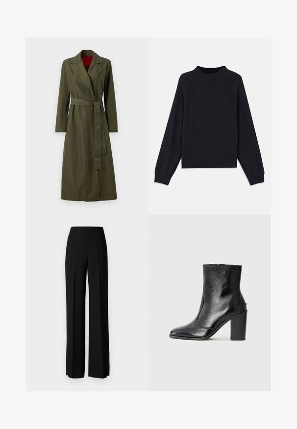 Ελιές πράσινο μακρύ παλτό με γιακά, ζώνη στη μέση και μακριά μανίκια. Το εσωτερικό διαθέτει κόκκινη επένδυση. Απαλή, ελαφριά υφή.; Σκούρο ναυτικό μπλουζάκι με στρογγυλή λαιμόκοψη, μακριά ράγκλαν μανίκια, ριμπ μανσέτες και ίσια τελειώματα. Φτιαγμένο από μαλακό, υφασμάτινο υλικό με υφή.; Μαύρο παντελόνι με φαρδιά πόδια και λεία υφή, με ψηλό καβάλο και κεντρικές πτυχές. Χωρίς ορατά σχέδια ή μεταλλικά στοιχεία.; Μαύρο δερμάτινο μποτάκι έως τον αστράγαλο με απλή υφή, μυτερή μύτη και χοντρό ψηλό τακούνι. Διαθέτει πλαϊνό άνοιγμα και μινιμαλιστικό σχέδιο.