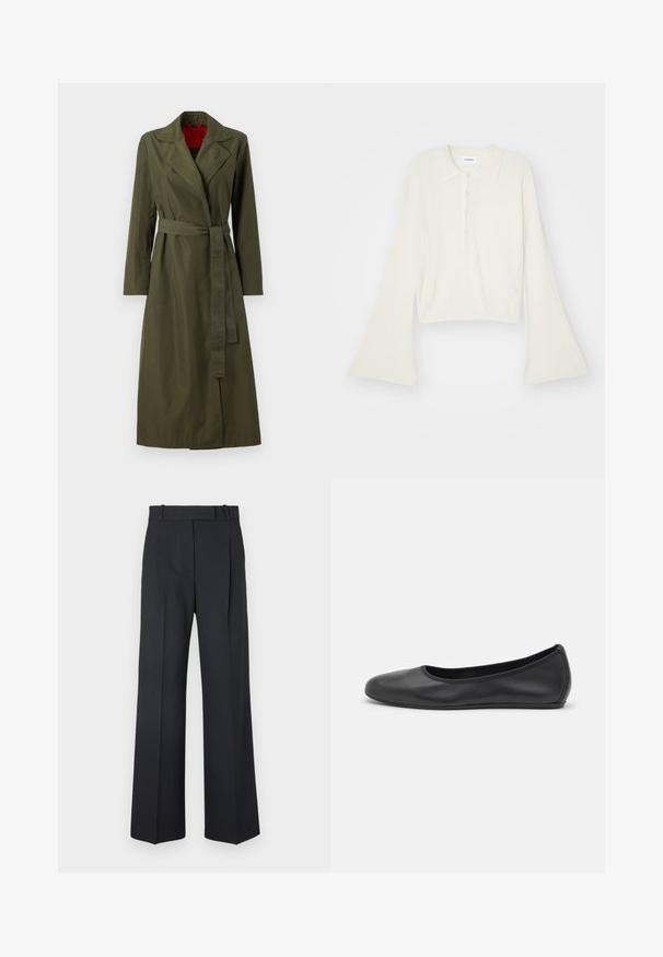 Olivově zelený dlouhý trenčkot s límcem, páskem v oblasti pasu a dlouhými rukávy. Vnitřní strana má červenou podšívku. Hladká, lehká tkanina.; Hladký krémový polo tričko s dlouhými rozevlátými rukávy a páskou s pěti knoflíky. Obsahuje límeček s jemnou texturou.; Tmavě modré kalhoty s pruhy, vysokým pasem, širokým nohavicemi a bez viditelného kování nebo ozdob. Hladká textura a přesně padnoucí střih.; Černé kožené baletní byty s kulatou špičkou, hladkou texturou, minimálními švy a flexibilním designem podrážky.