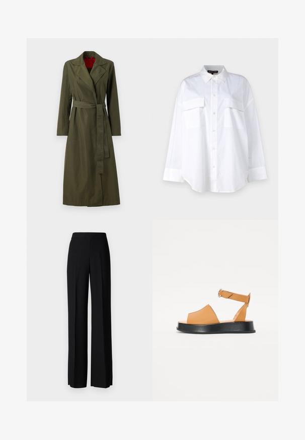 Olijfgroene lange trenchcoat met een kraag, tailleband en lange mouwen. Het interieur heeft een rode voering. Gemaakt van een gladde, lichte stof.; Witte button-up shirt van katoen, met een klassieke kraag, twee borstzakken en lange mouwen met manchetten. Glad textuur.; Zwarte wijde broek met een gladde textuur, voorzien van een hoge tailleband en middelste plooien. Geen zichtbare patronen of hardware-details.; Tan leren sandaal met een brede voorkant, open teen, verstelbare band en een dikke zwarte plateauzool. Soepele textuur en minimalistisch ontwerp.