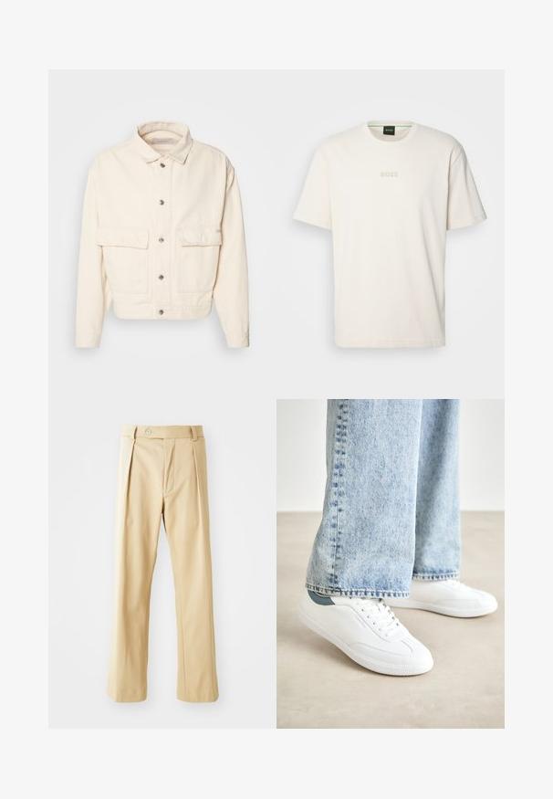 Krēmu krāsas kokvilnas jaka ar apkakli, priekšējiem pogām, divām lielām krūšu kabatām un garām piedurknēm. Gluda tekstūra un īss dizains.; BOSS TEE - Pamata T-krekls - open white; Beige bikses ar taisnu kāju dizainu, ar priekšējiem krokām, pogu aizdari un gludu tekstūru. Nav redzamu rakstu vai akcentu.; Baltas kedas ar gludu materiālu, auklām, teksturētu gumijas zoli un tirkīza akcentu uz papēža, apvienoti ar gaiši ziliem džinsiem.