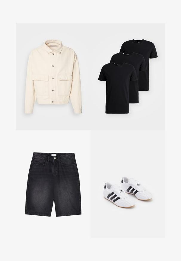 Kreminės spalvos medvilninis švarkas su apykakle, priekiniais mygtukais, dviem didelėmis krūtininėmis kišenėmis ir ilgomis rankovėmis. Lygi tekstūra ir trumpa forma.; Trys juodos medvilnės marškinėliai, rodomi sudėtame išdėstyme. Kiekvienas turi apvalią iškirptę ir trumpas rankoves, su lygiu paviršiumi.; Juodi džinsiniai šortai su klasikinio dizaino. Savybės: penki kišenės, priekinis mygtuko uždarymas ir siuvinėjimo detalės. Lygus paviršius ir tiesus kirpimas.; Balti sportiniai bateliai su juodomis juostelėmis, kuriuose yra antzolinė panaši tekstūra, apvalus pirštas ir Velcro dirželis. Gumačio padas užtikrina sukibimą.