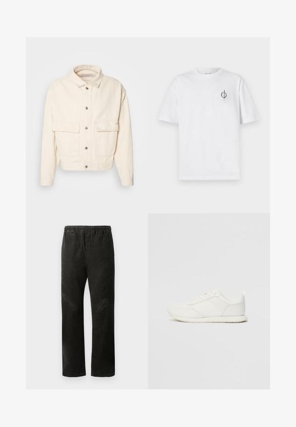 Kremno obarvana bombažna jakna z ovratnikom, sprednjimi gumbi, dvema velikima žepoma na prsih in dolgimi rokavi. Gladka tekstura in skrajšana zasnova.; Bela bombažna majica s sproščenim krojem, ki ima majhen črn grafični logotip na levem prsnem delu. Kratke rokave, okrogel izrez.; Črne kordurojske hlače s ravnim krojem, ki imajo elastičen pas in dva stranska žepa za praktičnost.; Bela tenisa z mrežasto in sintetično zgornjo plastjo, okroglo oblikovano prstno območje, ravne vezalke in teksturirana stranska črta. Gumijast podplat z zanko na hrbtni strani.