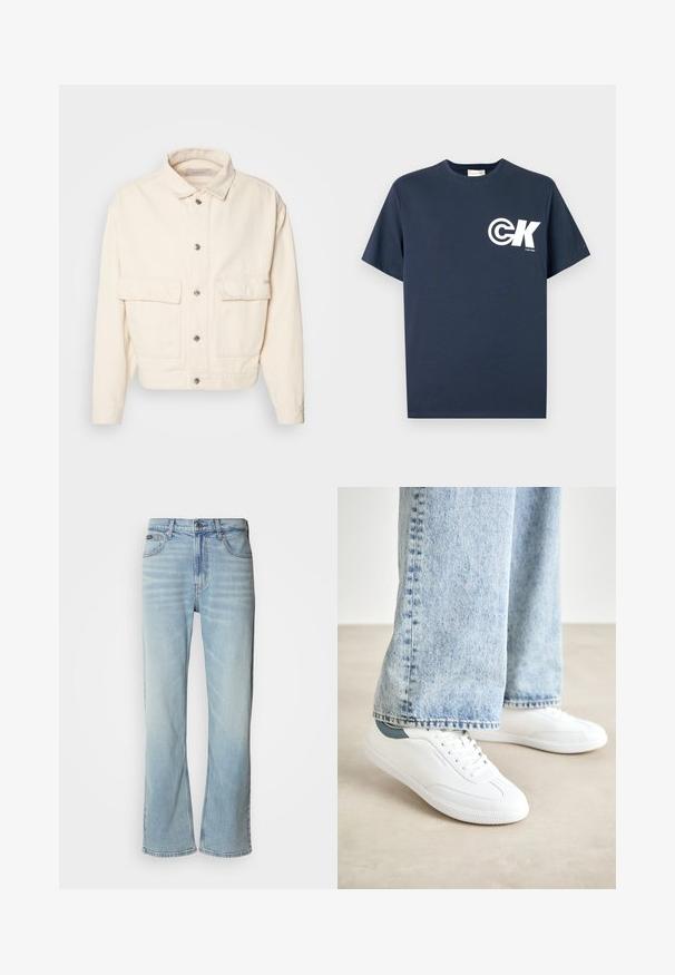 Jakna od pamučne tkanine boje kreme s ovratnikom, prednjim gumbima, dva velika džepa na grudima i dugim rukavima. Glatka tekstura i skraćeni dizajn.; Navy plava kratkih rukava majica s okruglim izrezom, s bijelim CK logotipom i tekstom "Calvin Klein" na lijevoj strani prsa.; Svijetloplavi traperice ravnog kroja, s pet džepova, kopčanjem na gumb i suptilnim izbljeđivanjem na tkanini.; Bijele tenisice od glatkog materijala, s vezivanjem, teksturiranom gumom potplatom i tirkiznim detaljem na peti, u kombinaciji s svijetloplavim trapericama.