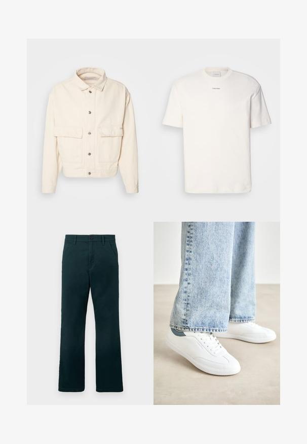Tejbézs színű pamutdzseki, amely gallérral, elől gombokkal, két nagy mellzsebbel és hosszú ujjal rendelkezik. Simább textúra és cropped fazon.; Fehér pamut póló, kerek nyakkal, rövid ujjakkal és hímezett "Calvin Klein" logóval a mellkas közepén. Egyszerű design.; Sötétzöld, egyenes szabású nadrág övhurkokkal, oldalsó zsebekkel és gombos záródással, sima fehér háttér előtt.; Fehér sportcipők sima anyagból, fűzős kialakítással, texturált gumitalppal és türkiz színű akcentussal a sarkán, világoskék farmernadrággal párosítva.
