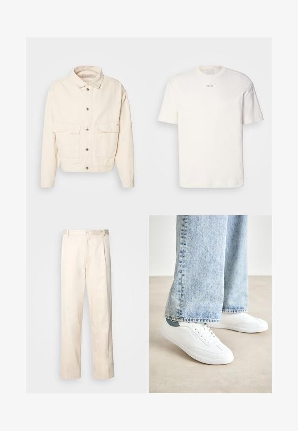 Krēmu krāsas kokvilnas jaka ar apkakli, priekšējiem pogām, divām lielām krūšu kabatām un garām piedurknēm. Gluda tekstūra un īss dizains.; Balta kokvilnas T-kreklu ar apaļu kaklu, īsām piedurknēm un izšūtu "Calvin Klein" logotipu krūšu centrā. Vienkāršs dizains.; Bežā krāsā auduma bikses ar taisnu kāju griezumu, pievienotām pogu aizdares un priekšējiem krokām papildu detaļām.; Baltas kedas ar gludu materiālu, auklām, teksturētu gumijas zoli un tirkīza akcentu uz papēža, apvienoti ar gaiši ziliem džinsiem.