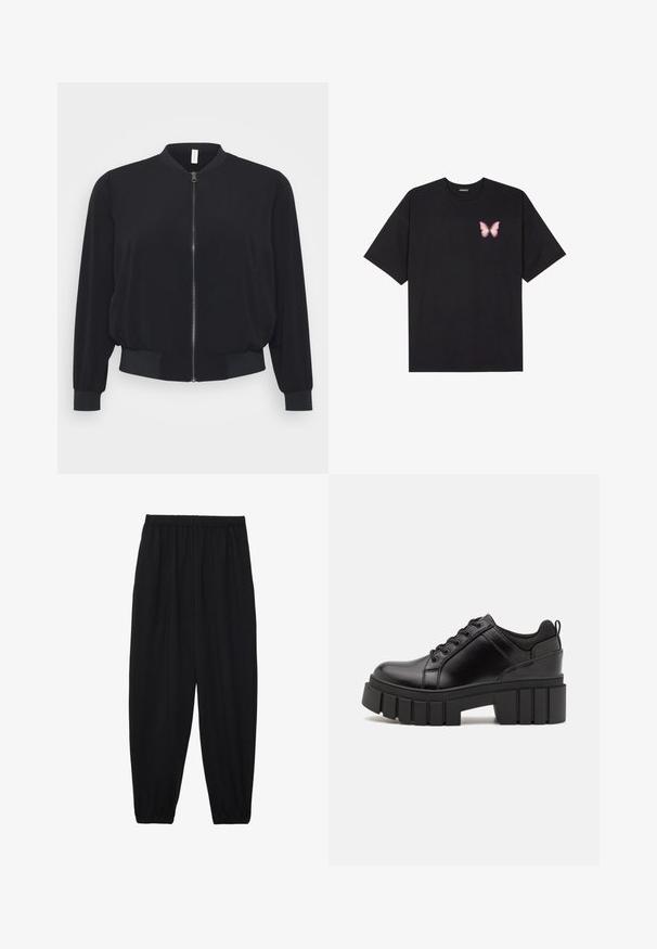 Jaqueta bomber preta feita de um tecido leve, com fecho frontal, punhos e barra em malha ribada, e um design clássico de colarinho redondo.; T-shirt de algodão preto com mangas curtas, apresentando um pequeno gráfico de borboleta rosa no lado esquerdo do peito. Design de gola redonda com um corte solto.; Calças pretas, leves, com um cinto elástico e punhos franzidos. O tecido é suave e apresenta um design relaxado e afunilado.; Sapatos de plataforma em couro preto com um salto bloco robusto, bico redondo e design clássico de atacadores. Apresentam uma textura suave e detalhes mínimos.