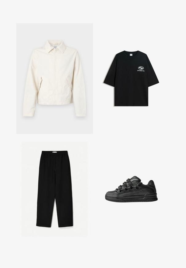 Kurze, cremefarbene Jacke aus glattem Stoff. Verfügt über einen Kragen, einen Reißverschluss an der Vorderseite und seitliche Taschen mit Knopfakzenten.; Schwarzes oversized Baumwoll-T-Shirt mit Rundhalsausschnitt und kurzen Ärmeln, auf der Vorderseite mit einem weißen "Shibuya"-Logo bedruckt.; Schwarze, weit geschnittene Hose aus leichtem Stoff. Mit elastischem Bund und glatter Textur. Keine sichtbaren Muster oder Beschläge.; Schwarze Sneakers mit einem glatten Leder-Obermaterial, strukturierten Akzenten und runden schwarz-weißen Schnürsenkeln. Dicke Gummisohle mit einem gemusterten Profil.