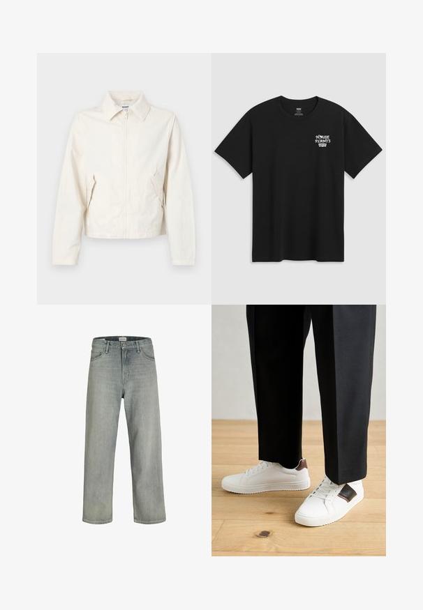 Krátká, krémová bunda vyrobená z hladké tkaniny. Obsahuje límec, přední zip a boční kapsy s akcenty na knoflíky.; Černé bavlněné tričko s potiskem na hrudi, který zní "HOUSE PLANTS" v bílém stylizovaném písmu s "Levi's" pod ním. Klasický výstřih ve stylu crew.; Svetle šedé, volné džíny z denimu. Mají klasický design se pěti kapsami, poutky na opasek a rovný siluetu nohavic.; Bílé tenisky s hladkým povrchem, s hnědými koženými akcenty a černými detaily, kombinované s černými kalhotami na míru. Pozadí tvoří dřevěná podlaha.
