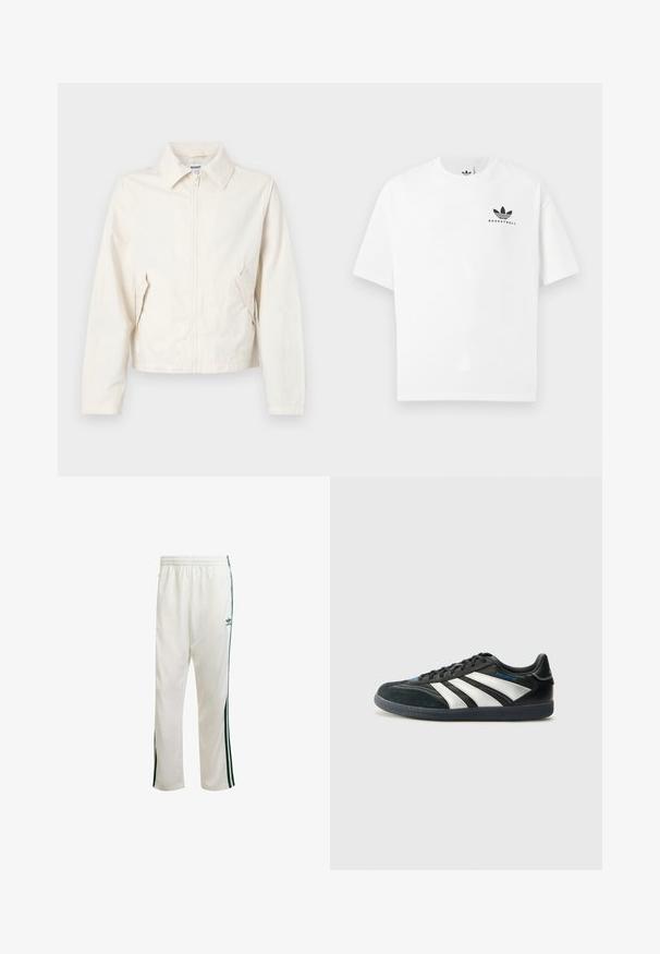 Īss, krēmkrāsas žakete, kas izgatavota no gluda auduma. Iezīmēts ar apkakli, priekšējo rāvējslēdzēju un sānu kabatām ar pogu akcentiem.; Baltas kokvilnas T-krekls ar īsām piedurknēm, uz kura priekšpuses ir melns "BASKETBALL" logs un ikoniskais trīs svītru dizains.; Baltas sporta bikses ar zaļām sānu svītrām, elastīgu jostu un logo augšējā kreisajā stūrī. Izgatavotas no viegla auduma.; adidas Performance PREDATOR FREESTYLE JUDE INDOOR FOOTBALL SHOES - Futbola apavi iekštelpām - core black/silver-coloured/glory blue