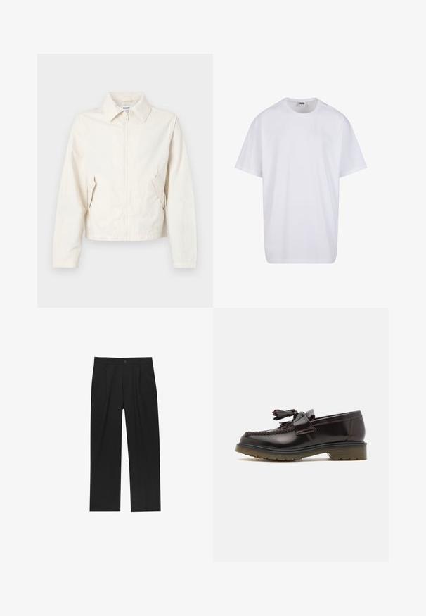 Veste courte de couleur crème en tissu lisse. Équipée d'un col, d'une fermeture éclair à l'avant et de poches latérales avec des accents de boutons.; T-shirt en coton blanc avec des manches courtes, un col rond, une coupe décontractée et sans logos ni motifs visibles. Texture lisse et design minimaliste.; Pantalons noirs au design droit, fabriqués à partir d'un tissu lisse. Dotés de plis sur le devant et d'une fermeture à un bouton à la taille.; Mocassins en cuir marron avec un design tressé, détail de frange et une semelle en caoutchouc plate. Dotés d'une finition lisse et de coutures contrastées.