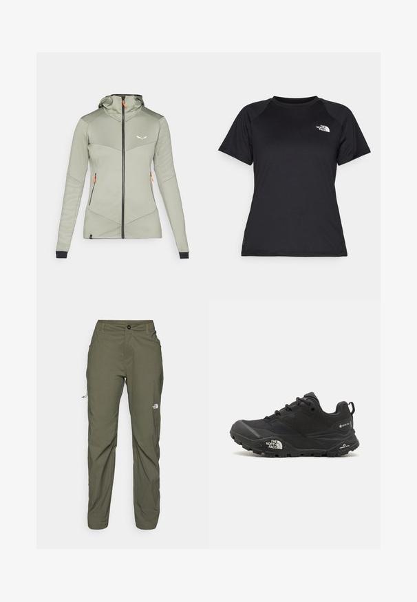 Salewa SELLA CREVASSE JACKET - Training jacket - shadow; Black short-sleeve athletic t-shirt with crew neck and The North Face logo on the upper left chest.; The North Face EXPLORATION PANTS - Outdoor trousers - new taupe green; Black hiking shoe with a textured upper, lace closure, and a chunky rubber sole featuring a prominent logo on the side and tread patterns.