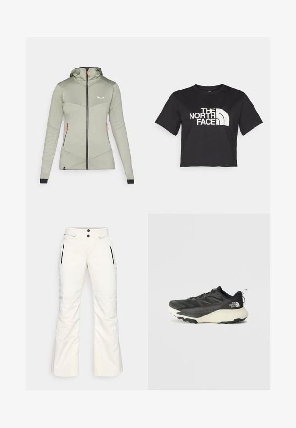 Salewa SELLA CREVASSE jasnozielony; Czarny krótki t-shirt wykonany z bawełny, z białym logo z zaokrąglonymi akcentami i napisem "THE NORTH FACE" z przodu. Krótkie rękawy, okrągły dekolt.; Białe spodnie narciarskie o gładkiej fakturze, z dwoma zamykanymi na zamek bocznymi kieszeniami, dwoma guzikami w talii oraz lekko rozszerzanym krojem nogawki.; Czarne sportowe buty z teksturowaną cholewką, z szarymi akcentami i białą podeszwą środkową. Zawierają pętelkę do zakładania oraz wyraźne logo marki na pięcie.