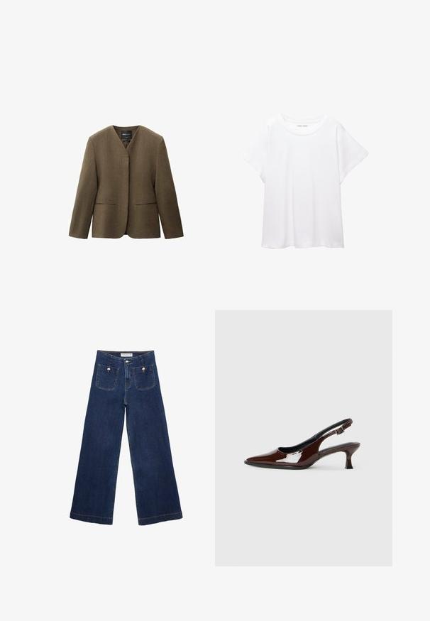 Olive zelena blejzer z V-izrezom, dolgimi rokavi in dvema sprednjima žepoma; ima gladko, rahlo teksturirano tkanino.; Bela majica s kratkimi rukavi, izdelana iz mehkega in lahkega blaga. Ima okroglo ovratnico ter kratke, široke rokave z udobnim krojem. Brez vidnih vzorcev.; Temno modri široki jeans iz denima, z dvema sprednjima žepoma s dekorativnimi gumbi in ravnim robom.; Rjavi lakirani slingback čevelj z ostro konico in zmerno peto. Ima zaponko za varno prileganje. Gladka tekstura.