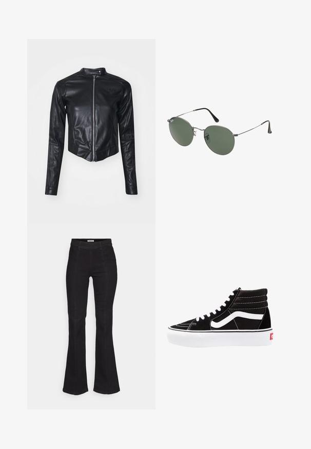 adidas Originals PLEATHER JACKET - Μπουφάν από συνθετικό δέρμα - black; Δύο αμάνικα μπλουζάκια σε μαύρο και λευκό χρώμα, φτιαγμένα από ραμμένο βαμβάκι, με στρογγυλά ντεκολτέ και εφαρμοστό σχέδιο. Ορατές ετικέτες και στα δύο.; Μαύρα φαρδιά τζιν φτιαγμένα από τζιν, με ψηλή μέση, διακριτικές ραφές μπροστά και κλασικό σχέδιο πέντε τσεπών.; Μαύρα ψηλά αθλητικά παπούτσια με λευκές κορδόνες, λευκό λογότυπο και αντίθετη λευκή ραφή. Διαθέτουν παχιά λευκή σόλα και υφή από σουέντ.; Σαπούνια κατασκευασμένα από μέταλλο με οβάλ πράσινους φακούς. Λεπτό ασημένιο μεταλλικό πλαίσιο και μαύρα ακροφύσια. Μινιμαλιστικός σχεδιασμός, χωρίς ορατά λογότυπα.